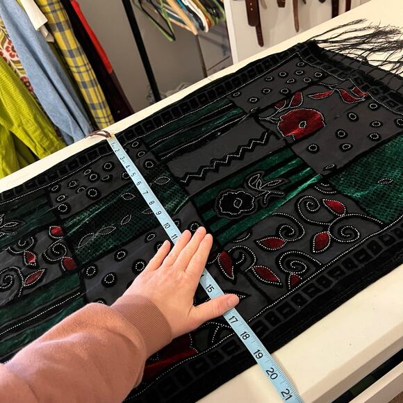 Whimsygoth Red Green Velvet Semi Sheer Fringe Trim Floral Wrap Scarf - Picture 10 of 10